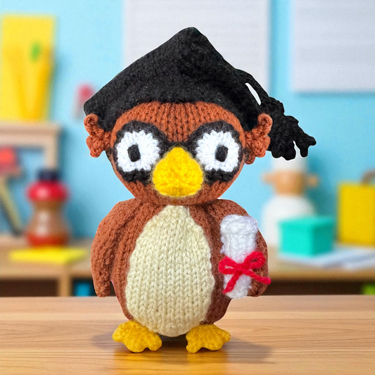 KNITTING PATTERN - Teacher Owl choc orange cover / 15 cms Scholl Graduate toy