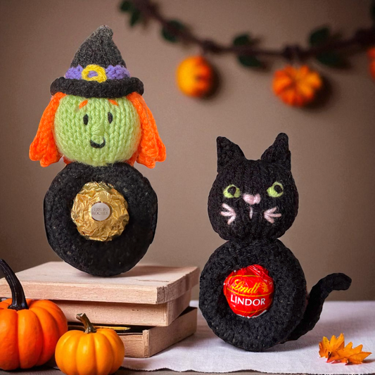 KNITTING PATTERN - Hanging Halloween Witch and Black Cat choc cover fits Fererro / Lindt