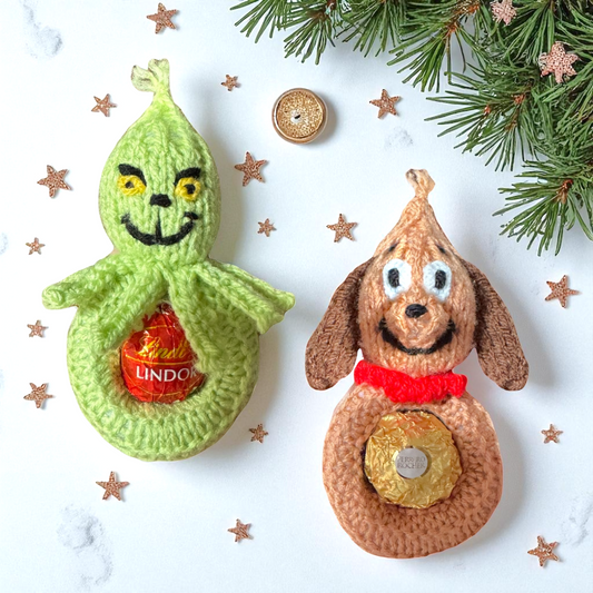 KNITTING PATTERN - Hanging Christmas Grinch and Max dog choc cover fits Fererro / Lindt
