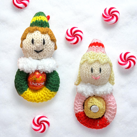 KNITTING PATTERN - Hanging Christmas Buddy Elf and Jovie choc cover fits Fererro / Lindt