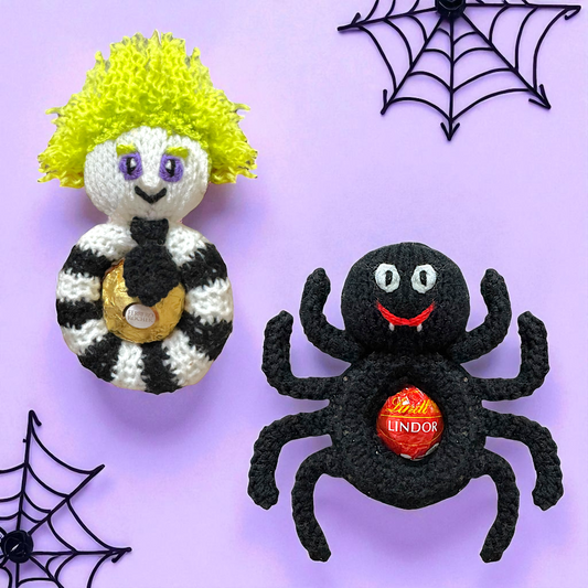 KNITTING PATTERN - Hanging Halloween Beetlejuice and Spider choc cover fits Fererro / Lindt