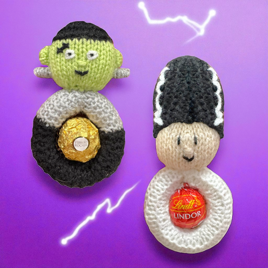 KNITTING PATTERN - Hanging Halloween Frankenstein and Bride choc cover fits Fererro / Lindt