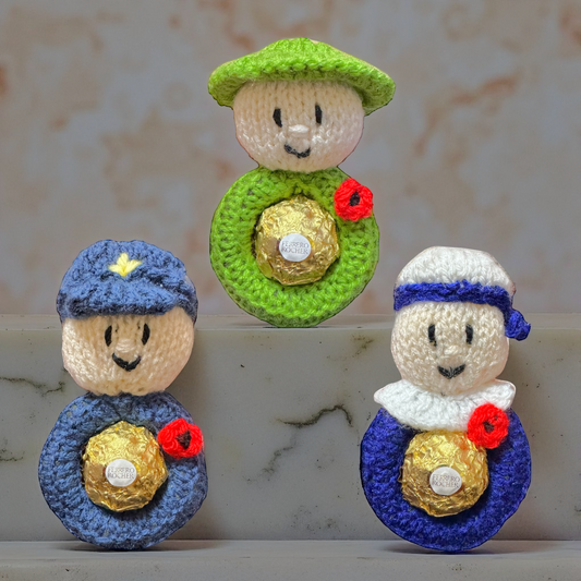 KNITTING PATTERN - Hanging Remembrance Army, Navy, RAF choc cover fits Fererro / Lindt decoration