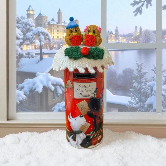 KNITTING PATTERN - Christmas Snowy Pillar Box Topper with Robins -  covers 11 cm diameter biscuit tin