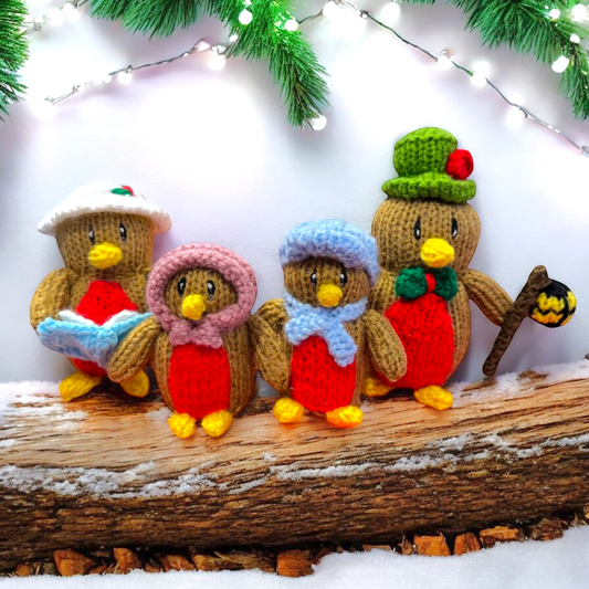 KNITTING PATTERN - Christmas Carol Singing Robins Family Play Set 12 cms doll figures