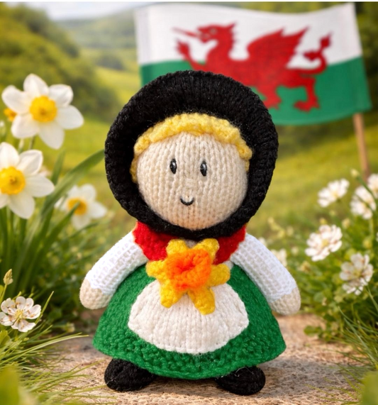 KNITTING PATTERN - Welsh Girl choc orange cover / 15 cms St David's Day toy