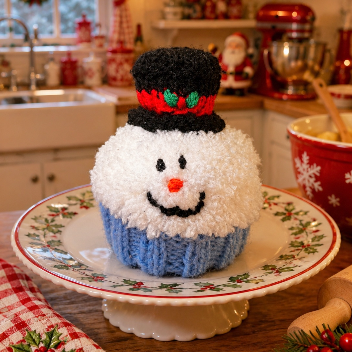 KNITTING PATTERN - Christmas Snowman Cupcake chocolate orange cover / 9 cms toy