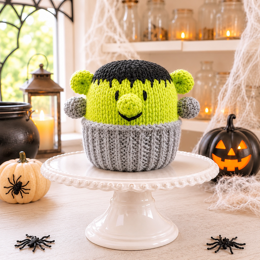 KNITTING PATTERN - Halloween Frankenstein Cupcake chocolate orange cover / 9 cms toy