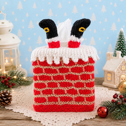 KNITTING PATTERN - Christmas Chimney with Santa Boots Tissue Box Cover 12 x 12 x 11 cms