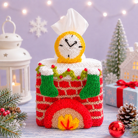 KNITTING PATTERN - Christmas Festive Fireplace Tissue Box Cover 12 x 12 x 11 cms