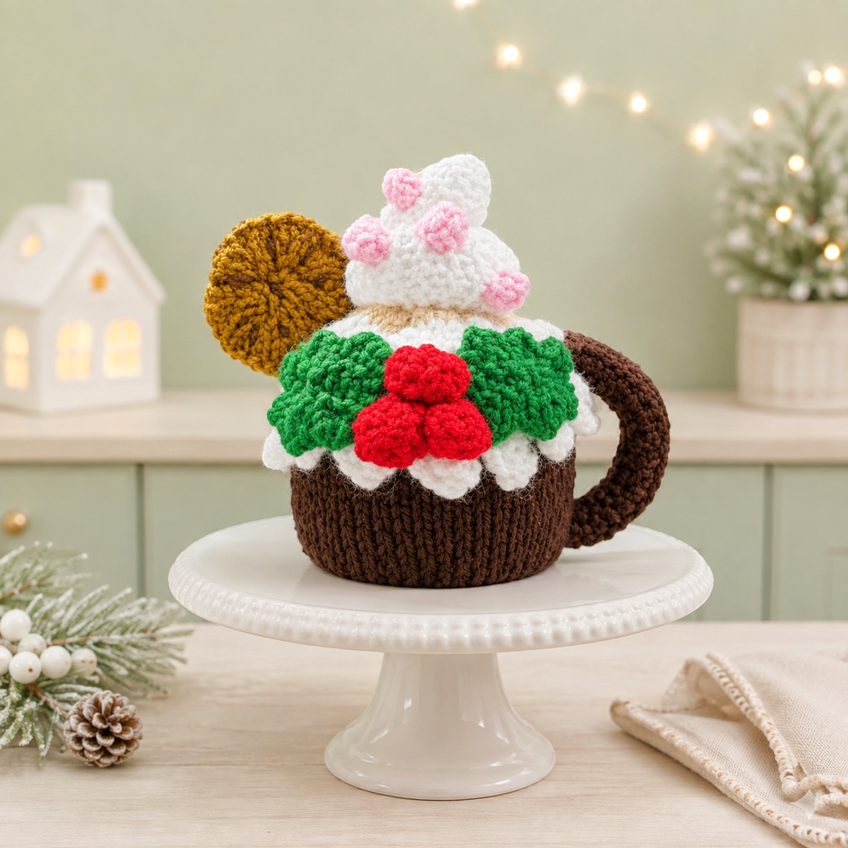 KNITTING PATTERN - Christmas Pudding Coffee Cup chocolate orange cover / 9 cms toy