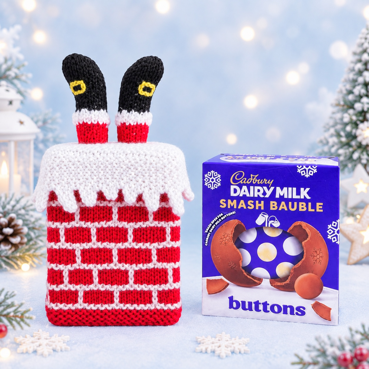 KNITTING PATTERN - Christmas Santa Chimney Cadbury Smash Bauble Cover Holder 18cms