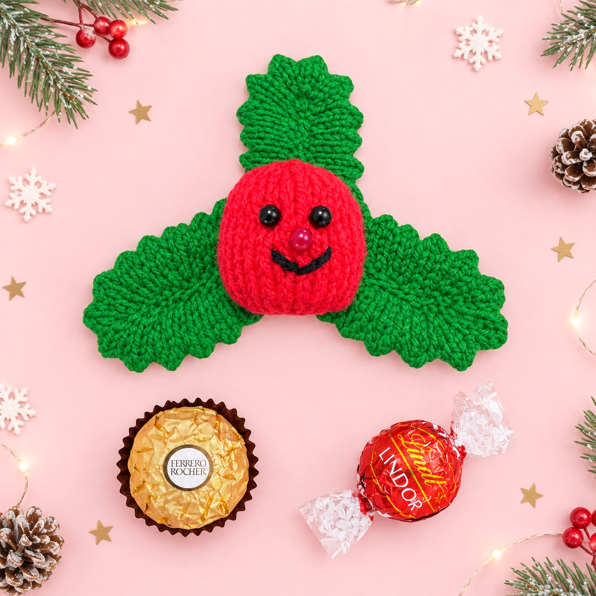 KNITTING PATTERN - Christmas Cuties Holly chocolate cover favour fits fererro