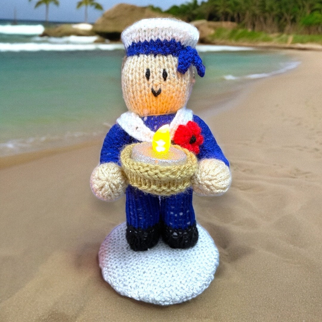 KNITTING PATTERN - Remembrance Sailor Tea Light Holder 20 cms tall with Poppy