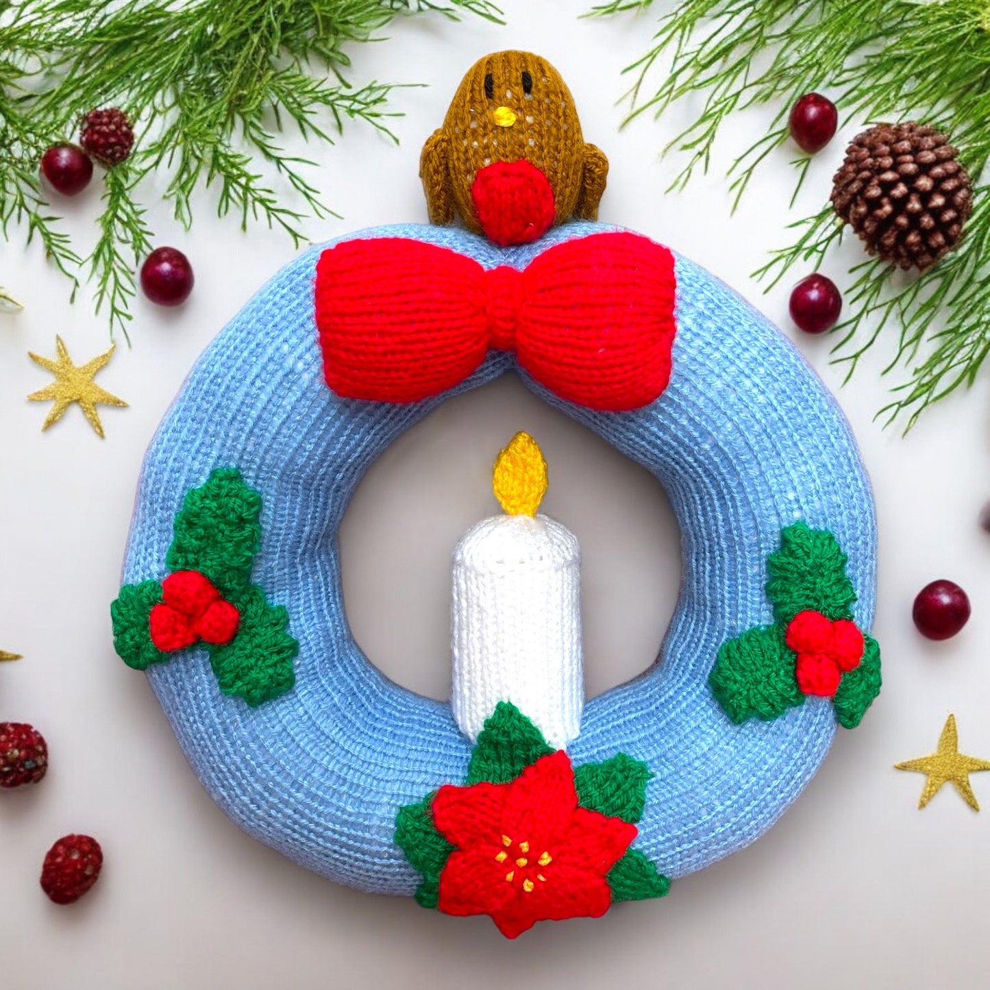 KNITTING PATTERN - Christmas Candle Wreath Hanging Decoration 22 cms with Robin