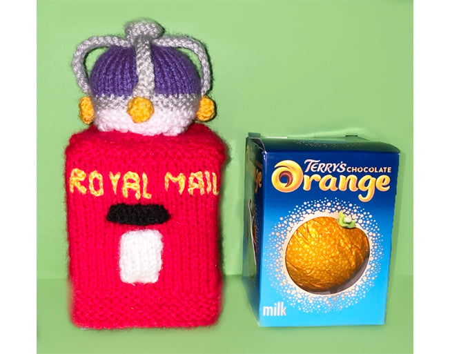 KNITTING PATTERN - Royal Mail Pillar Box Choc Orange Box Cover Coronation 15 cms