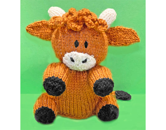 KNITTING PATTERN - Highland Cow Choc Orange cover / 15 cms Farm Animal toy