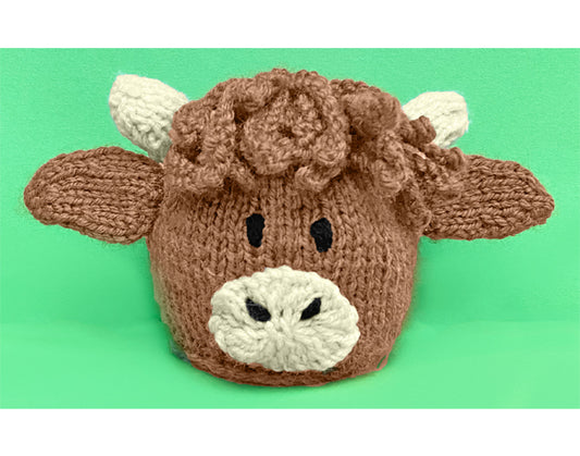 KNITTING PATTERN - Highland Cow Head choc orange cover / 13 cms Farm Animal toy