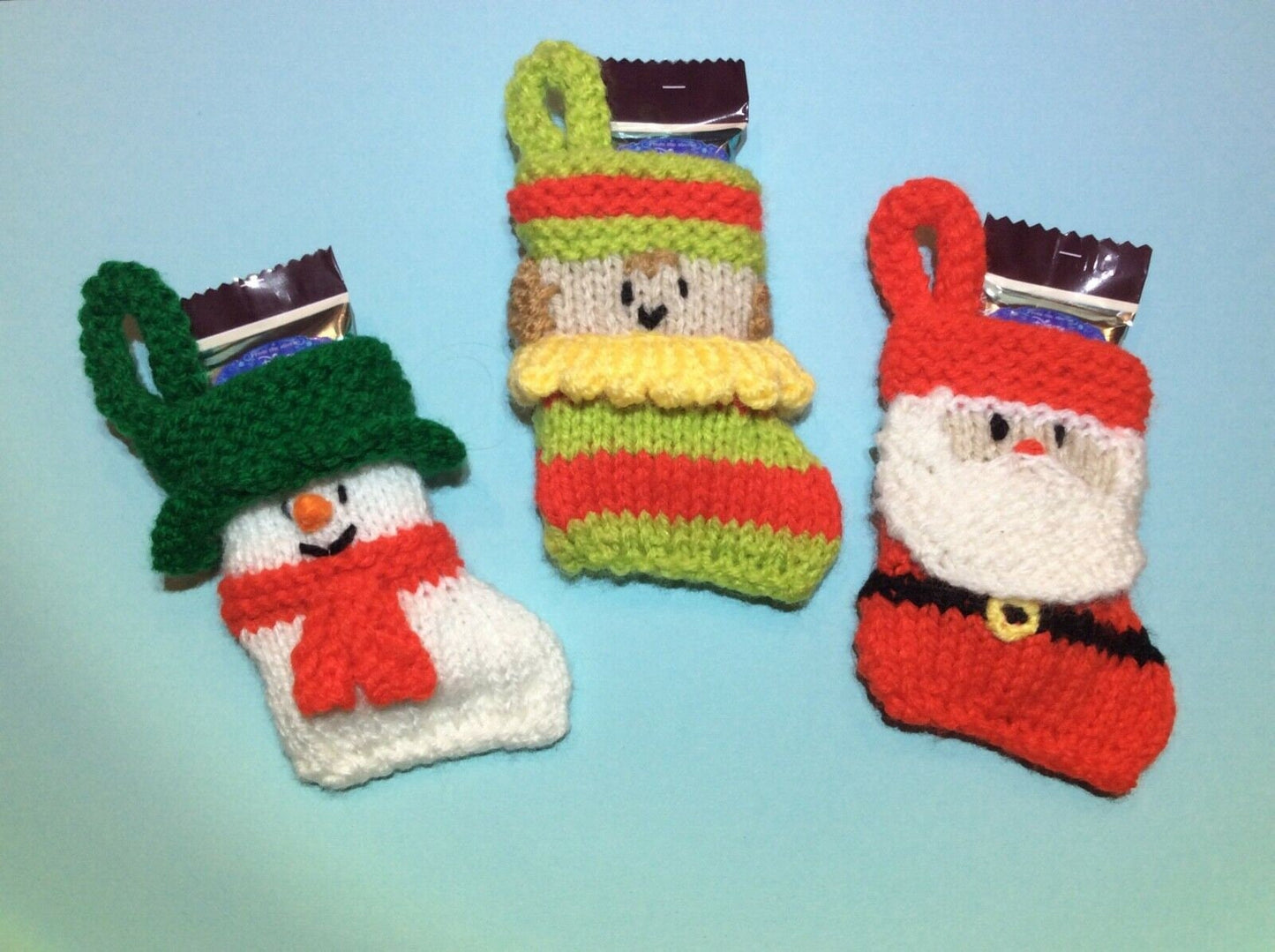 KNITTING PATTERN - Santa, Snowman and Elf 8cms Christmas stocking decoration