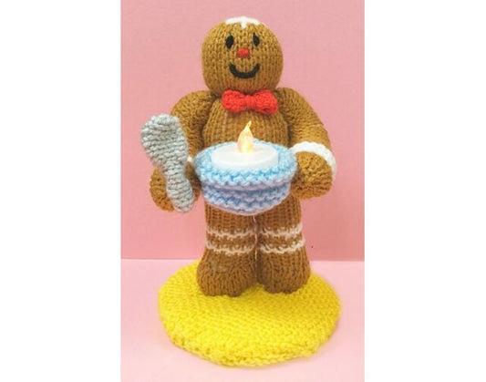 KNITTING PATTERN - Christmas Gingerbread Man Tea Light Holder 19 cms tall