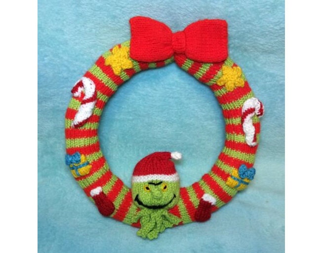 KNITTING PATTERN - Grinch inspired Wreath Hanging Decoration 22 cms