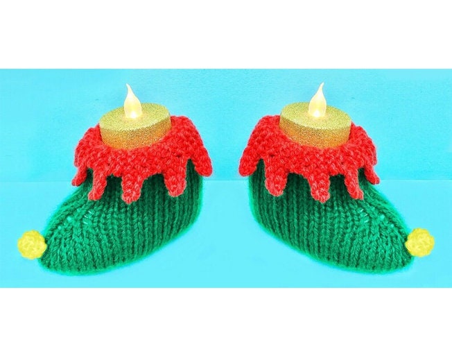 KNITTING PATTERN - Christmas Santa’s Elf Shoe Tea Light Holder Table Decoration