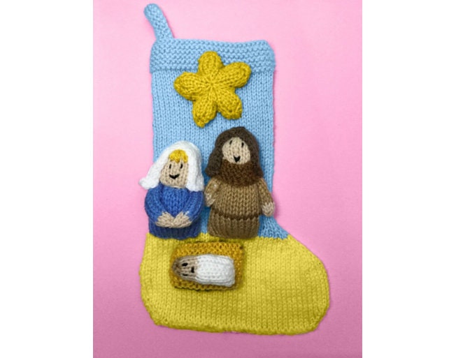 KNITTING PATTERN - Christmas Nativity inspired 20 cms Stocking with Mary, Joseph