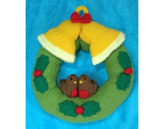 KNITTING PATTERN - Christmas Wreath Hanging Decoration 22 cms - Robin and Bells