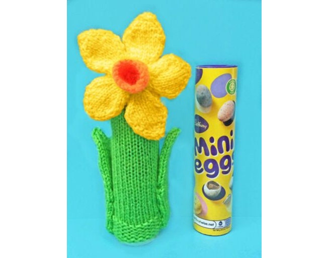 KNITTING PATTERN - Easter Daffodil Flower Mini Eggs Tube Sweet Holder 17 cms