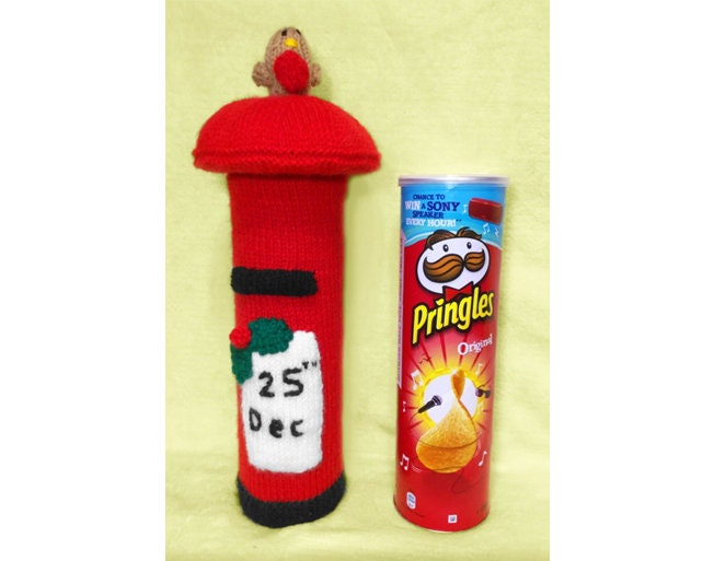 KNITTING PATTERN - Christmas Pillar Box Pringles Crisps Holder 26 cms