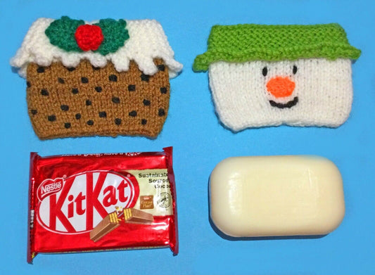 KNITTING PATTERN - Christmas Snowman and Pudding Kit Kat chocolate / Soap Cover