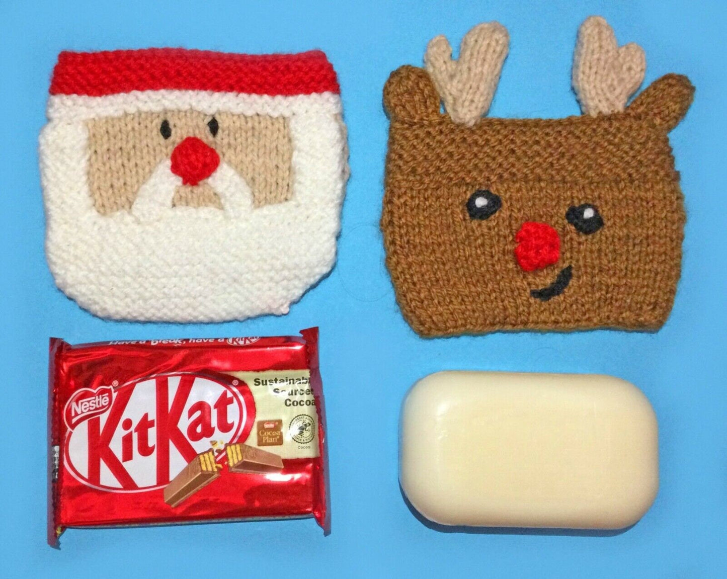 KNITTING PATTERN - Christmas Santa and Reindeer Kit Kat chocolate / Soap Cover