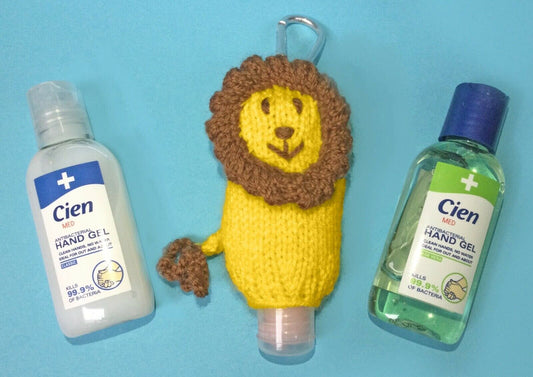 KNITTING PATTERN - Lion Sanitizer Bottle 50ml Flower Zoo Animal Holder 9cms tall