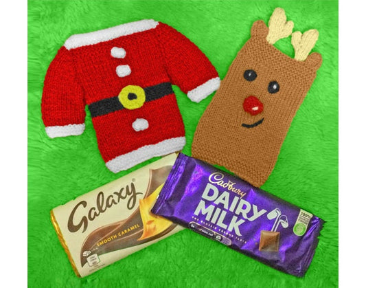 KNITTING PATTERN - Christmas Santa Jacket and Reindeer Chocolate Bar Cover 16 cm