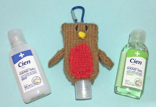 KNITTING PATTERN - Christmas Robin Sanitizer Bottle 50ml Holder 9cms tall