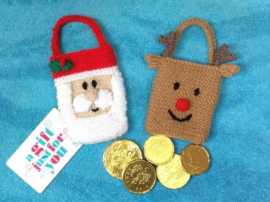 KNITTING PATTERN - Santa and Reindeer gift bags Christmas tree decoration