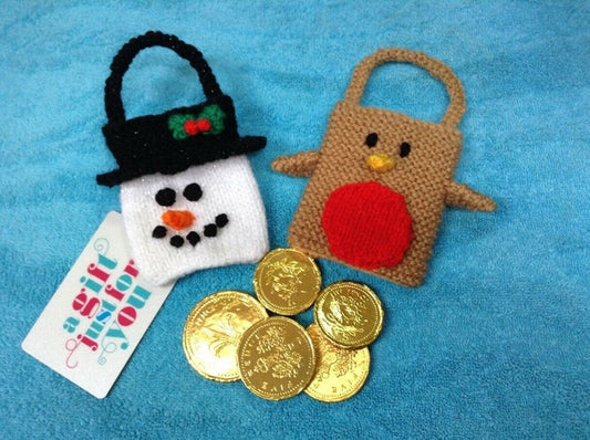 KNITTING PATTERN - Snowman and Robin gift bags Christmas tree decoration