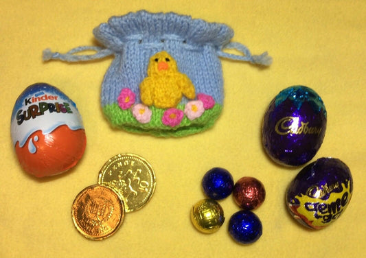 KNITTING PATTERN - Easter Chick Scene Drawstring Bag 10cms - Fits a Choc orange