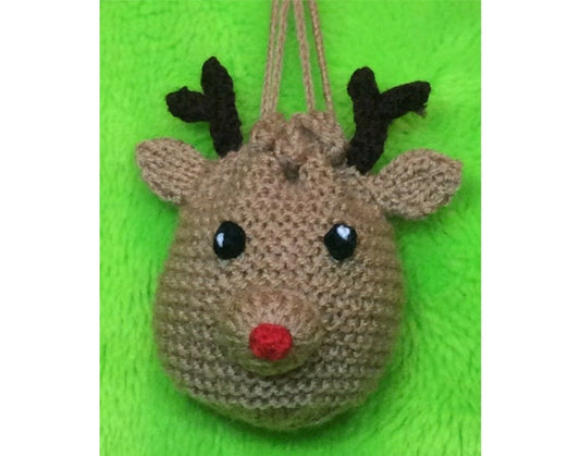 KNITTING PATTERN - Reindeer Drawstring Christmas Gift Bag 10cms fits Choc orange