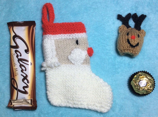 KNITTING PATTERN - Reindeer cover & 13 cms Father Christmas stocking / gift bag