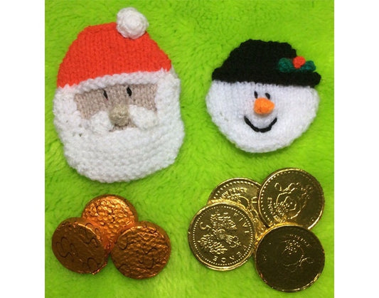 KNITTING PATTERN - Christmas Santa and Snowman Coin / Chocolate gift bags 8x8cm