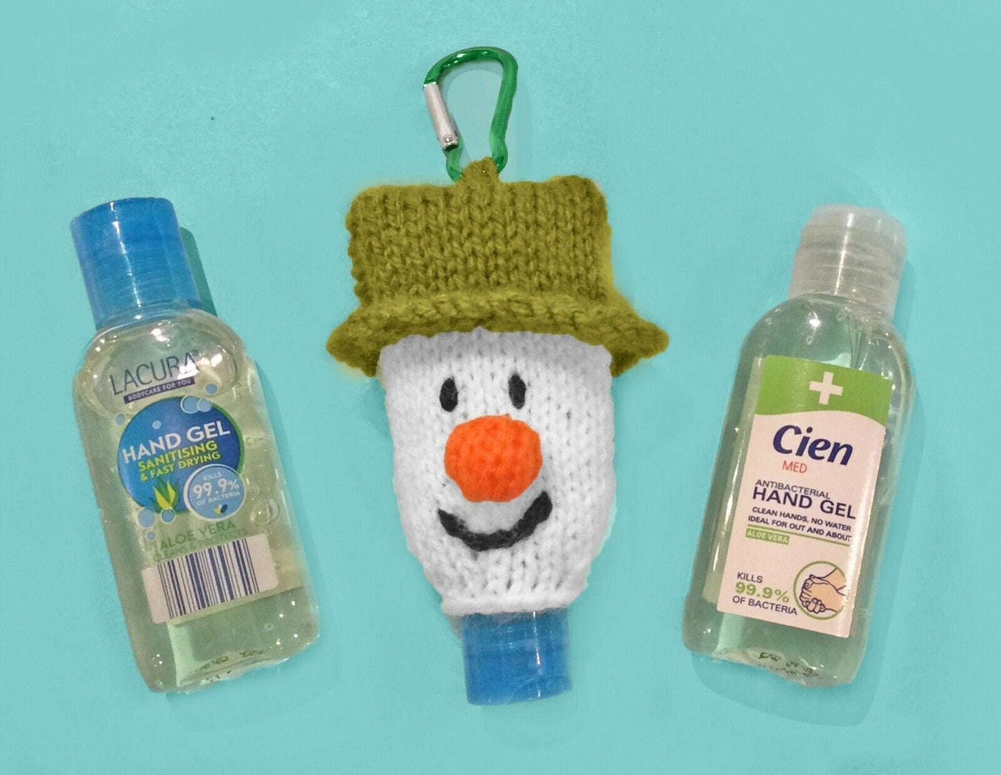 KNITTING PATTERN - Christmas Snowman Sanitizer 50ml Holder 9cms