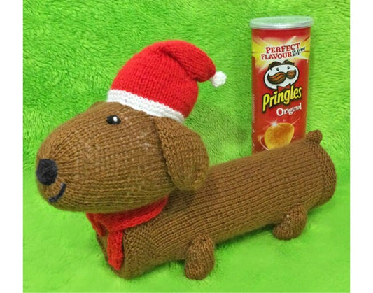 KNITTING PATTERN - Christmas Sausage Dog Dachshund Pringles Crisps Holder 26 cms