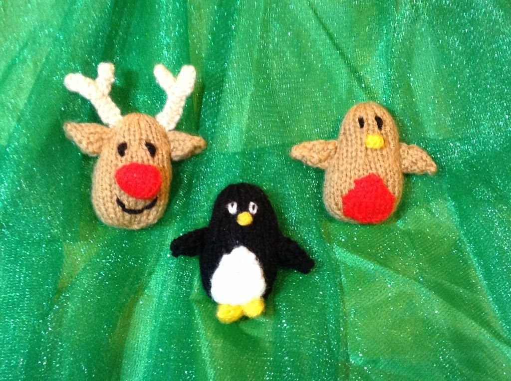 KNITTING PATTERN - Reindeer / Robin / Penguin brooch / badge / tree decorations