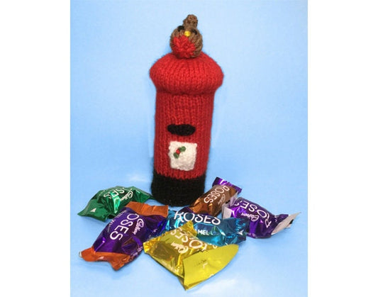 KNITTING PATTERN - Christmas Pillar / Post Box with Robin Sweet Holder 15cm tall