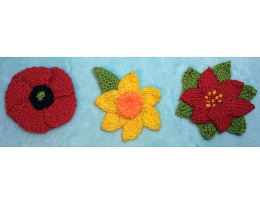 KNITTING PATTERN - Flower brooch / badge / corsage - Poppy, Daffodil, Ponsettia