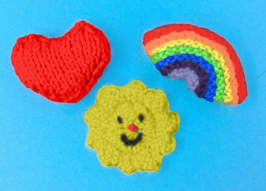 KNITTING PATTERN - Rainbow of Hope, Sun and Heart brooch / badge / corsage