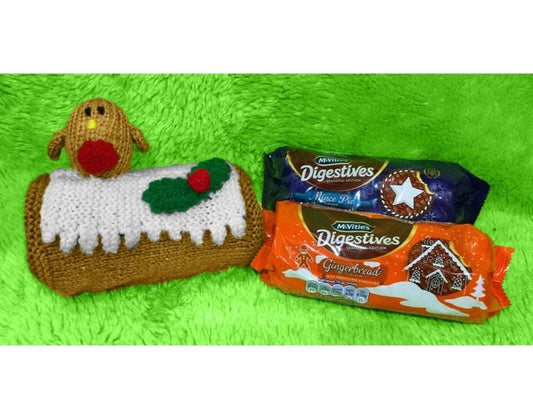 KNITTING PATTERN - Christmas Yule Log with Robin Digestives Buscuit Holder 16cms