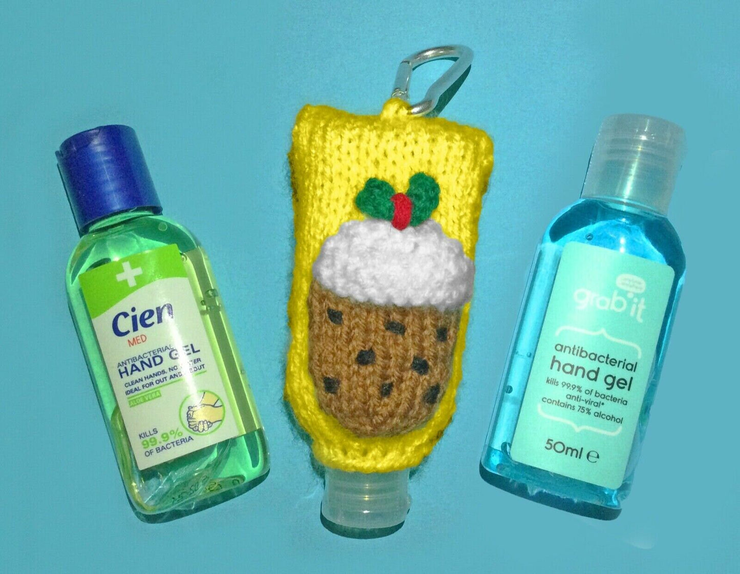 KNITTING PATTERN - Christmas Pudding Motif Sanitizer Bottle 50ml Holder 9cms