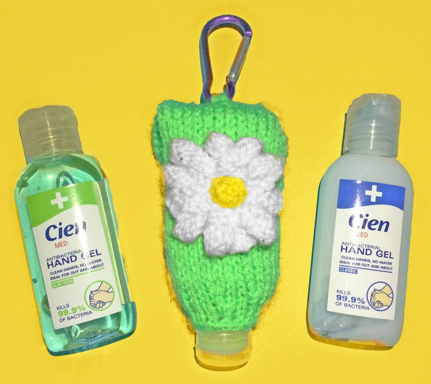 KNITTING PATTERN - Easter Daisy Sanitizer Bottle 50ml Flower Holder 9cms tall